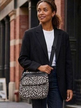 DKNY Medium Leopard Print Nylon Crossbody Messenger Bag - Black White Brown
